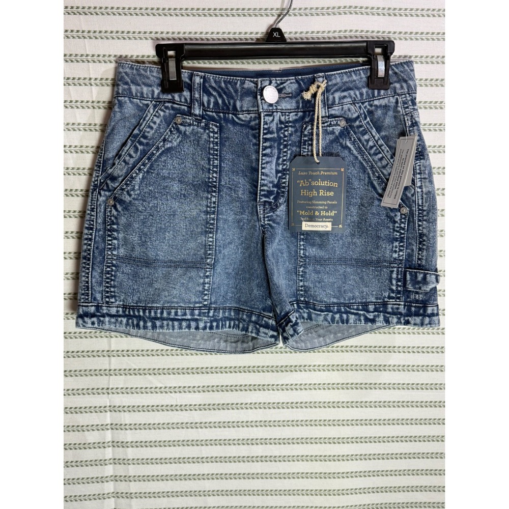 Democracy Women Shorts Blue Acid Wash High Rise Ab Solution Utility Carpenter 6